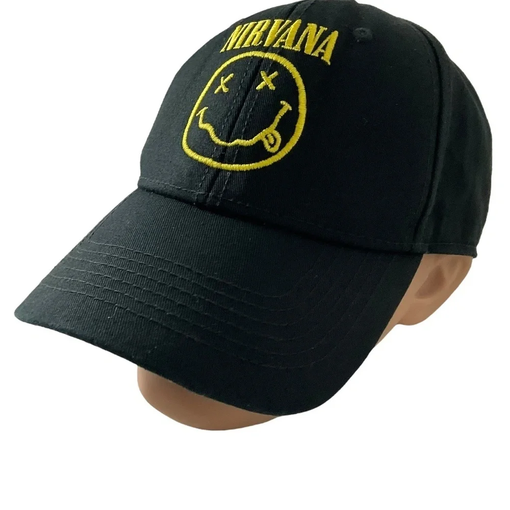 Nirvana Black Baseball Hat Embroidered Yellow Smile Face Logo Adjustable Cap